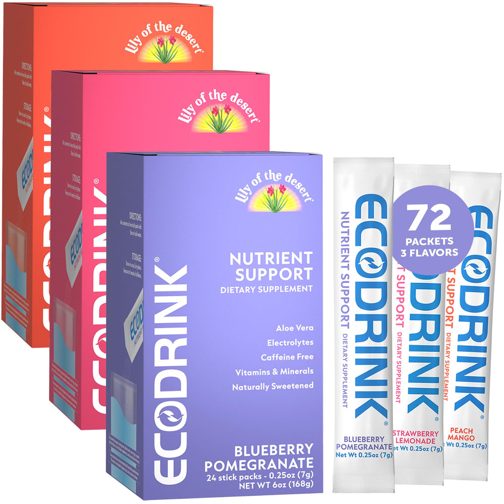 Eco Drink Lily of the Desert Blueberry Pomegranate packets for on the go hydration and daily vitamins