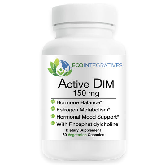 EcoIntegratives Active DIM 150mg bottle with capsules for potential estrogen metabolism support.