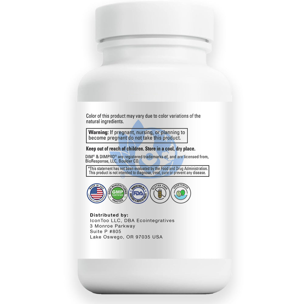 EcoIntegratives Active DIM ingredients panel reveals phosphatidylcholine and vitamin E.