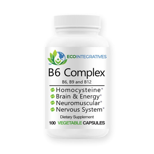 EcoIntegratives B6 Complex bottle showing vegan B vitamins for daily energy support
