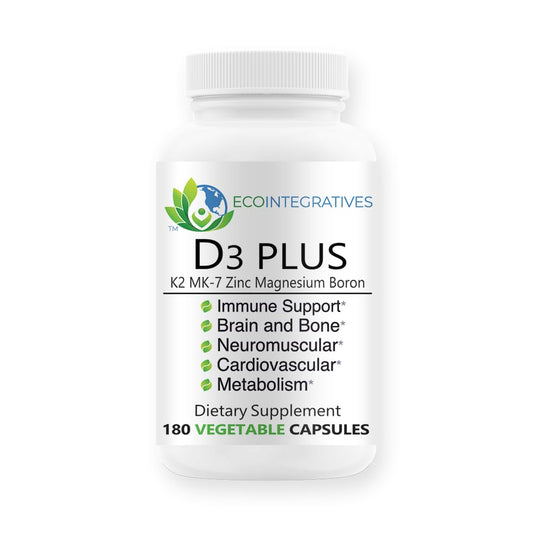 EcoIntegratives D3 Plus Boron bottle shows vitamin D3 for bone and heart health.