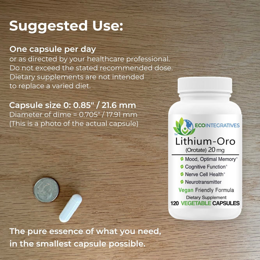 EcoIntegratives Lithium Orotate label displaying 20 mg elemental lithium content.