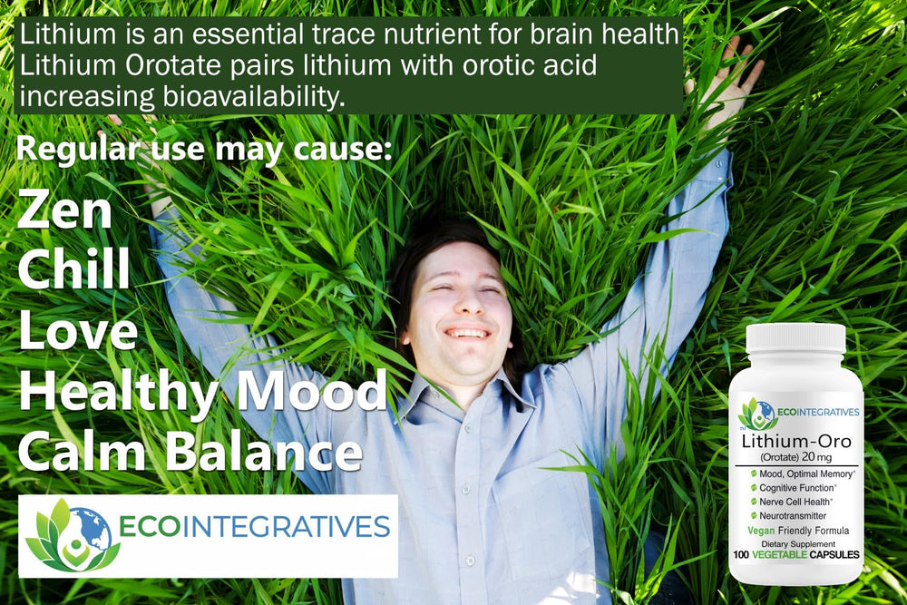 EcoIntegratives Lithium Orotate packaging with 100 capsules for daily use.