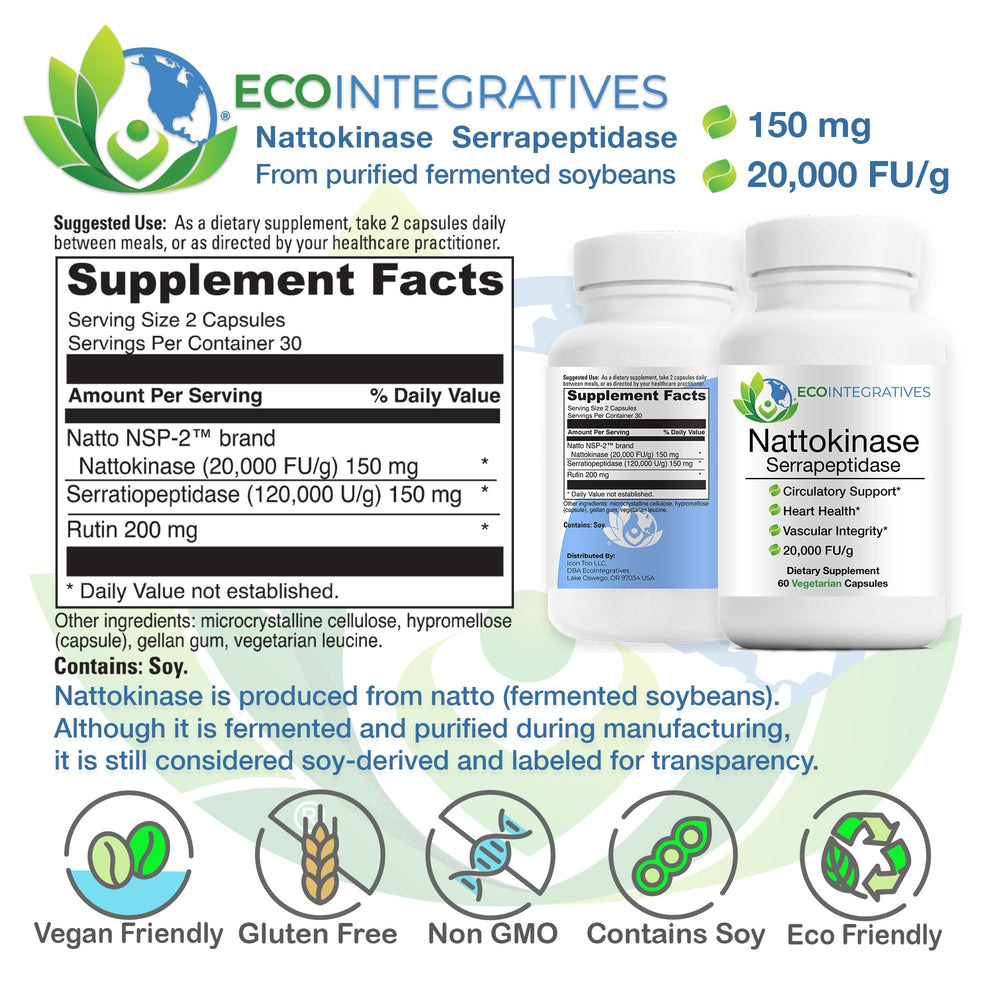 EcoIntegratives nattokinase-serrapeptidase label closeup highlights clean-label formula.