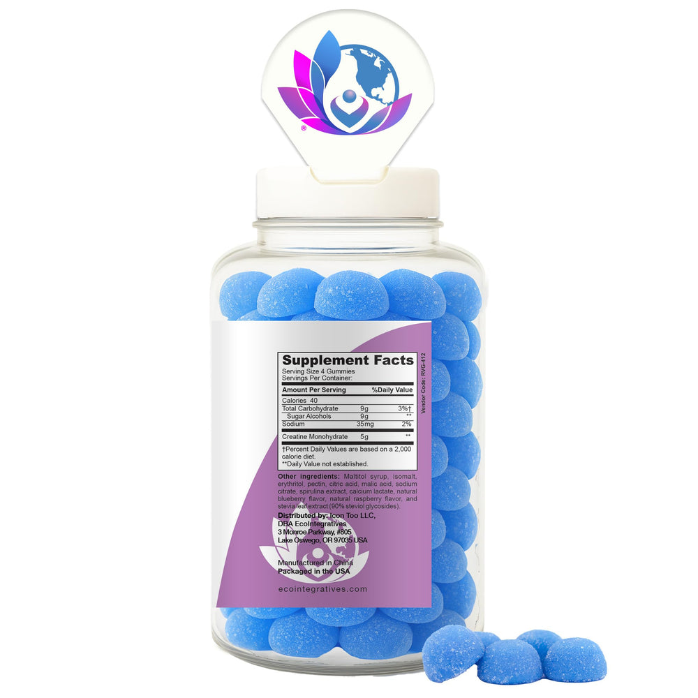 EcoIntegratives Sugar-Free Creatine Gummies bottle back showing clean label.