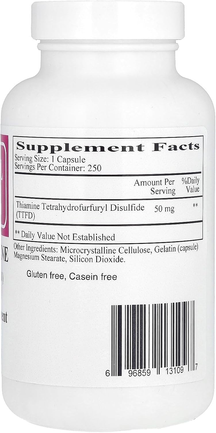 Ecological Formulas Allithiamine capsules image showing convenient 50 mg servings.