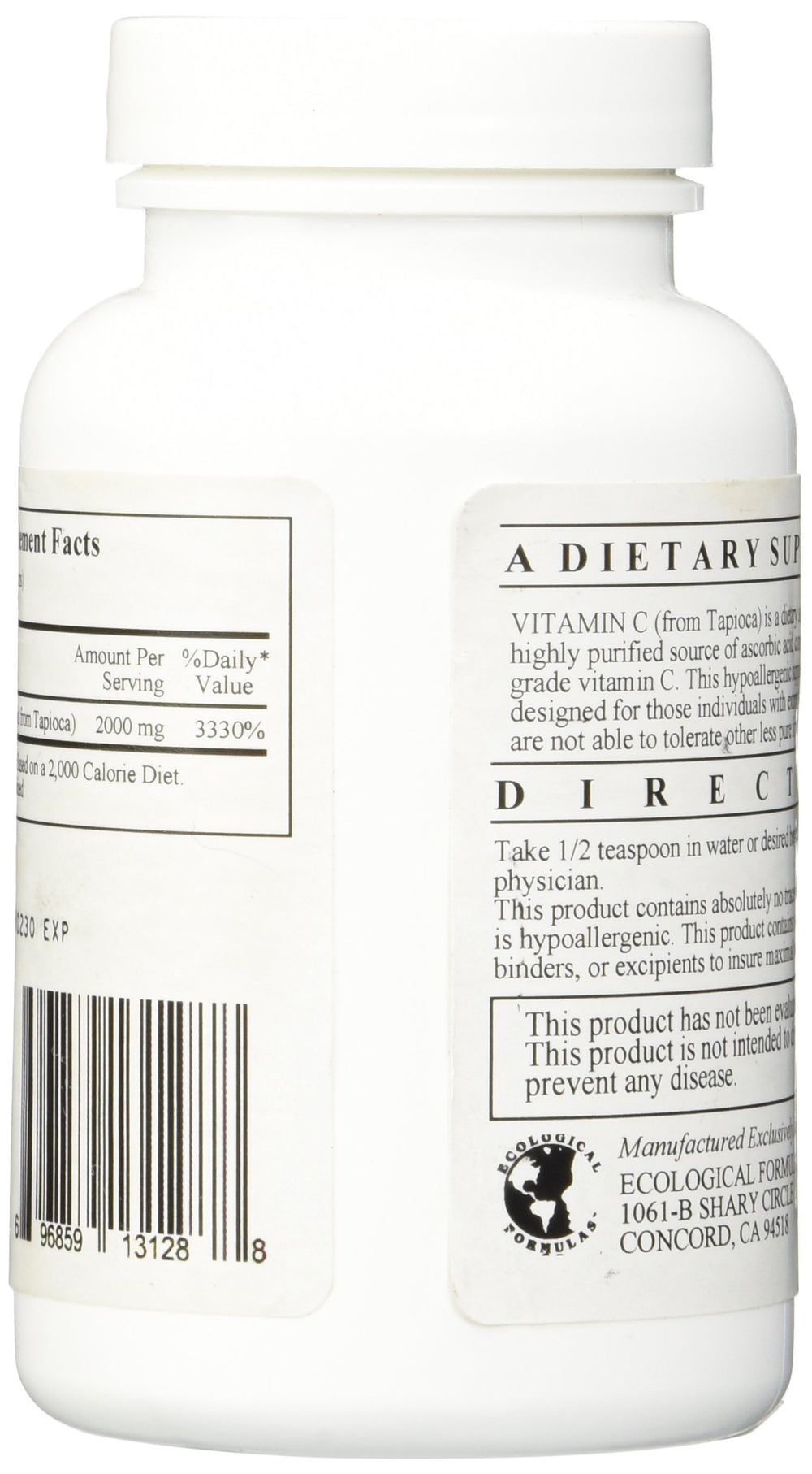Ecological Formulas Vitamin C Tapioca powder with scoop, ideal for sensitive diets.