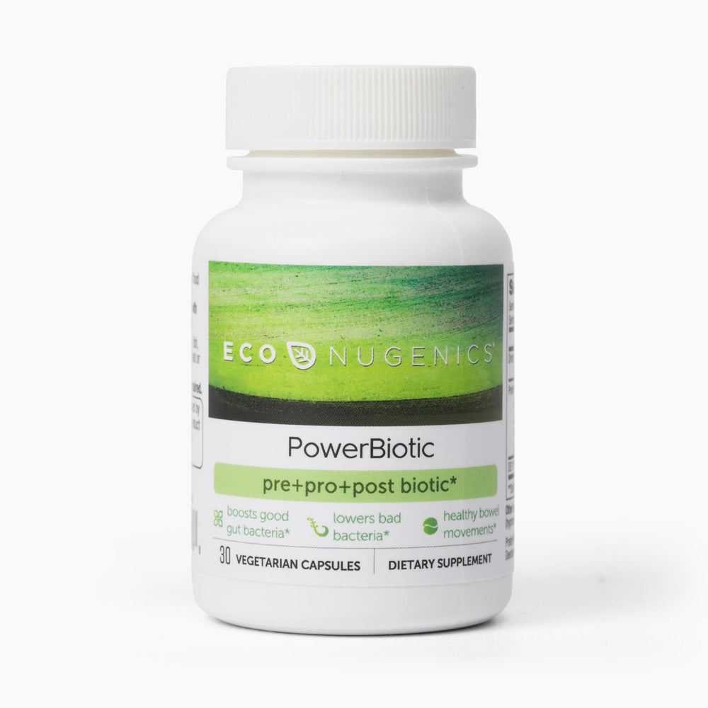 EcoNugenics PowerBiotic bottle cap close-up showing daily digestive support.
