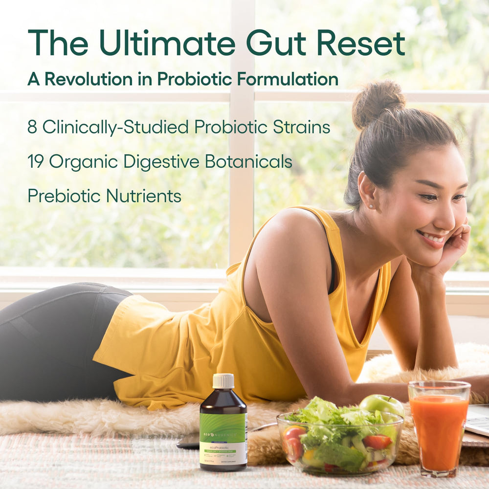 EcoNugenics ecoProbiotic with 19 organic digestive herbs foreground signaling botanical support for digestion.