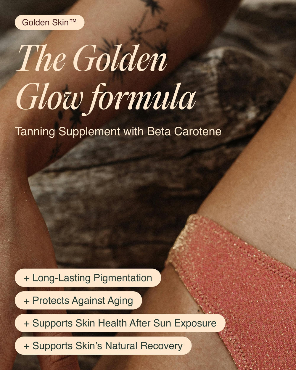 Ecosh Golden Skin capsules closeup highlighting convenient daily tanning capsules.