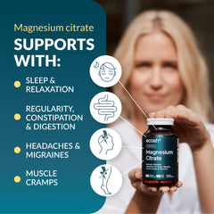 Ecosh Liposomal Magnesium Citrate capsules closeup shows smooth, easy-to-swallow capsules.