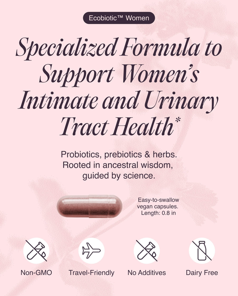 Ecosh probiotic capsules close-up emphasizing vegan formula and capsule quality.