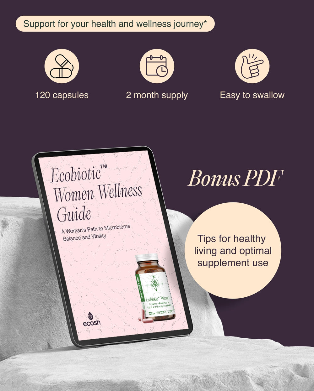 Ecosh packaging on shelf communicates clean, shelf-stable probiotic care.