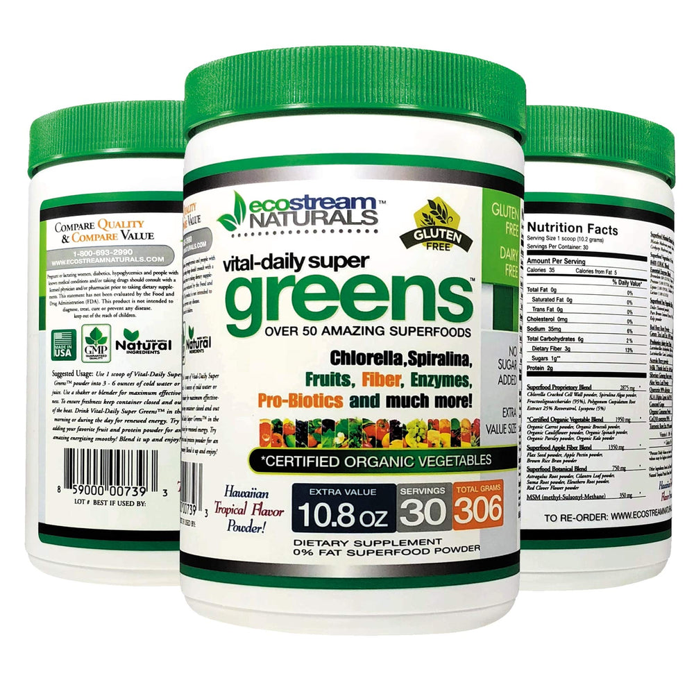 ecostream Naturals Vital First Daily Greens bottle pour for a quick greens boost.
