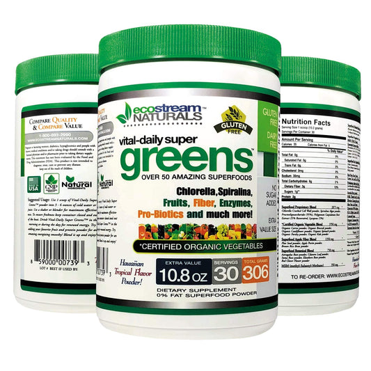 ecostream Naturals Vital First Daily Greens bottle pour for a quick greens boost.