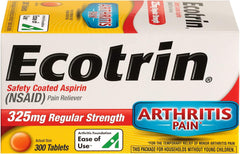 Ecotrin Regular Strength bottle label close-up showing enteric coating for stomach-friendly daily use.