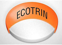 Ecotrin Regular Strength bottle with label texture conveys clinician-approved daily aspirin.