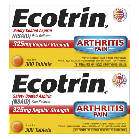 Ecotrin regular strength safety-coated aspirin bottle front for stomach-friendly relief.