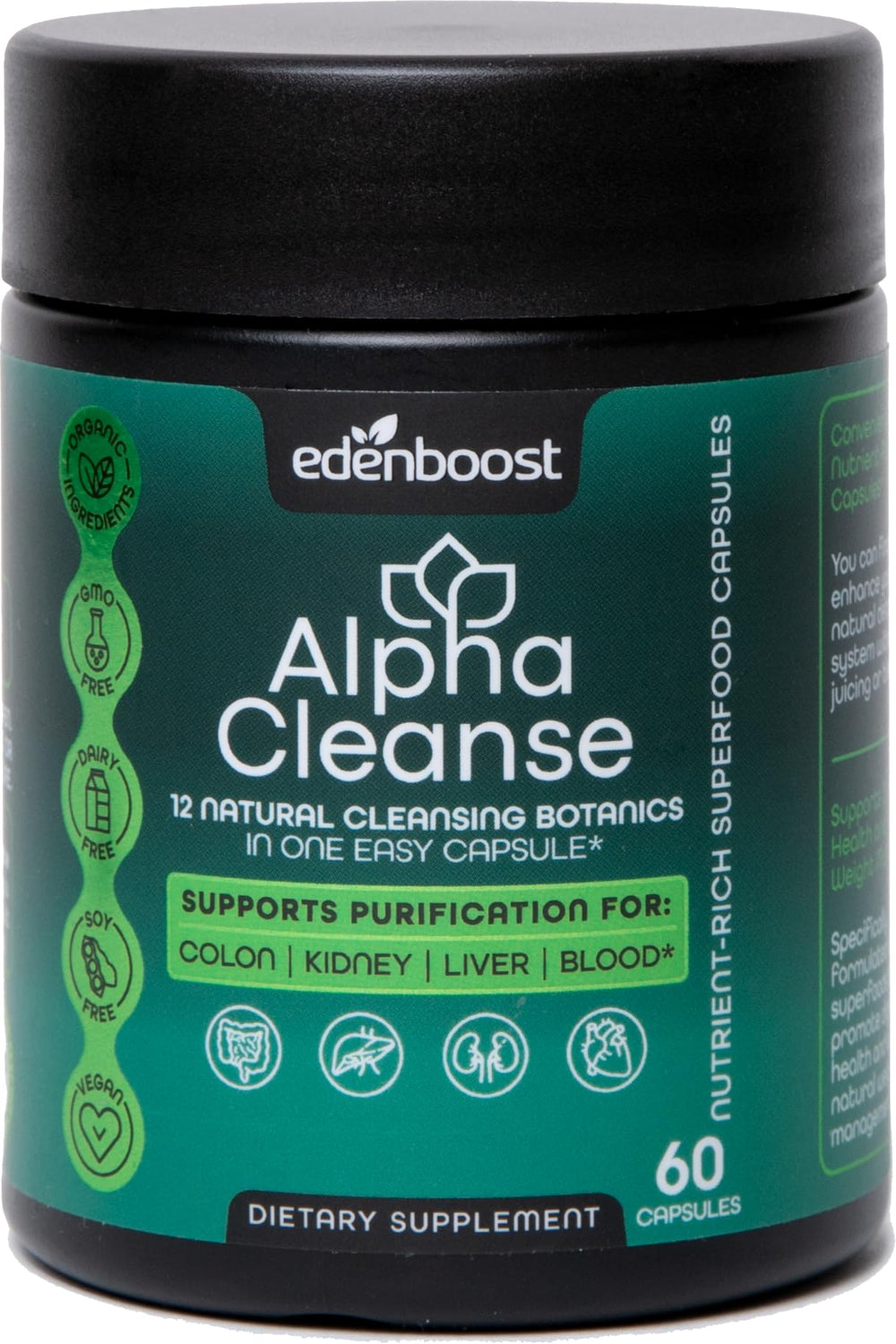 EdenBoost AlphaCleanse bottle and capsules on white background for daily detox support.