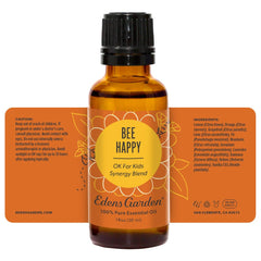 Bee Happy bottle label detail highlighting quality for aromatherapy use.