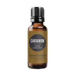 Edens Garden Cardamom essential oil bottle close-up for aromatherapy mood lift.