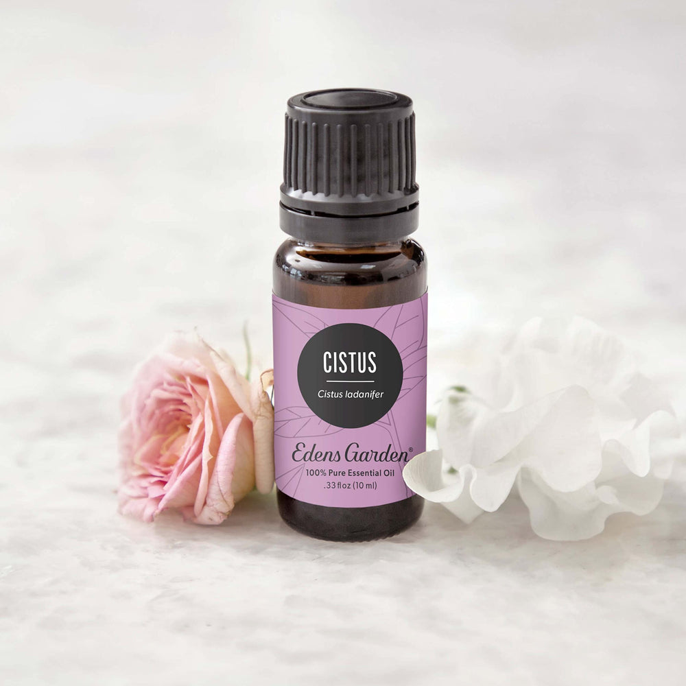 Edens Garden Cistus essential oil drops close-up for skin care use.
