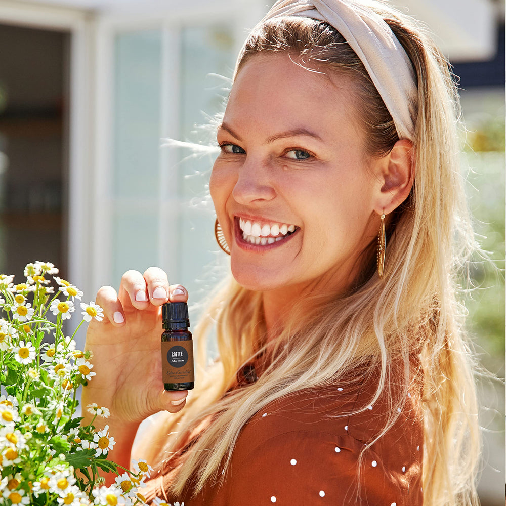 Closeup of Edens Garden Coffee Essential Oil label highlighting purity and quality