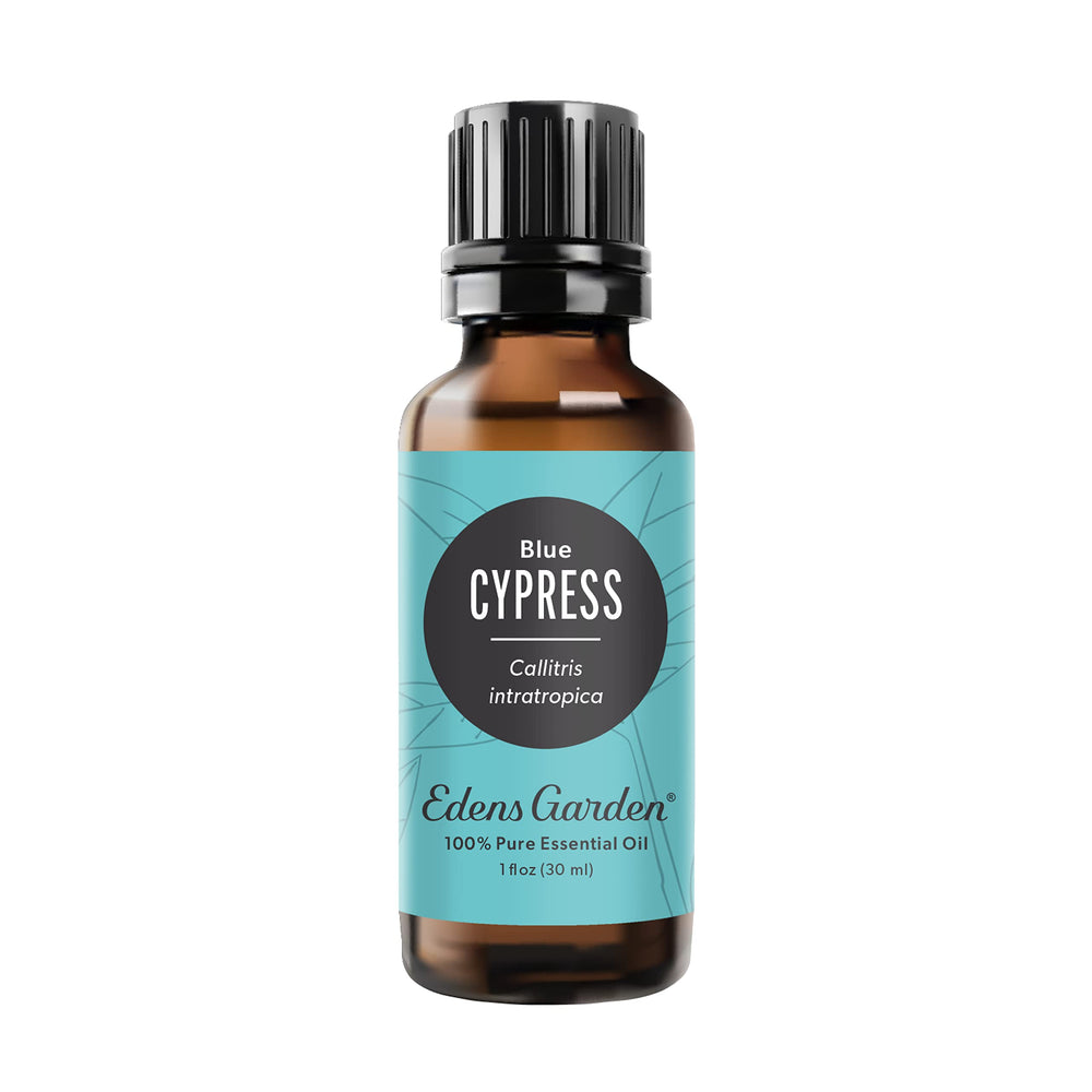 Edens Garden Cypress-Blue essential oil bottle closeup for diffusing a calming forest scent