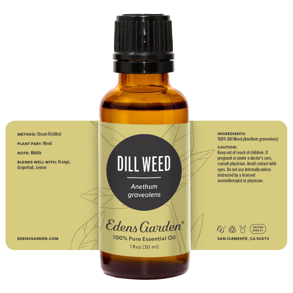 Edens Garden Dill Weed Oil bottle with kid-safe labeling.