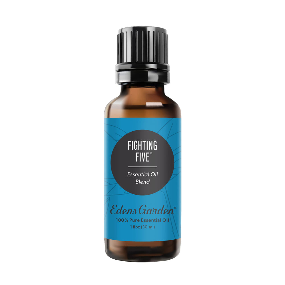 Edens Garden Fighting Five bottle shows citrus-spice aroma for mood uplift.