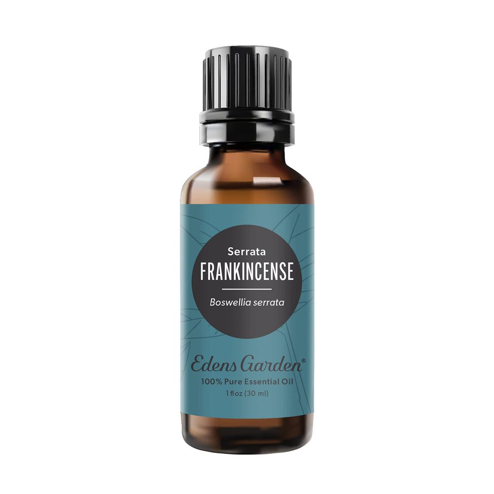 Edens Garden Frankincense Serrata essential oil bottle with dropper for diffusion and calm ambiance.
