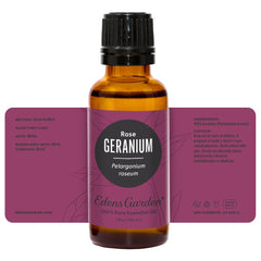 Edens Garden Geranium-Rose bottle close-up ideal for diffuse or topical use.