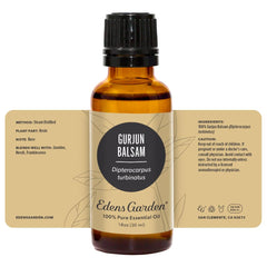 Edens Garden Gurjun Balsam bottle signals affordable luxury and trusted aromatherapy support.
