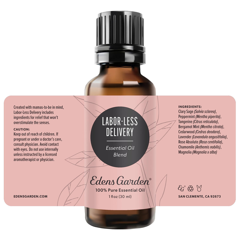 Peppermint-tangerine hint in Edens Garden Labor-Less Delivery blend for refreshing balance.