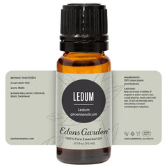 GC-MS transparency note on Ledum essential oil bottle.