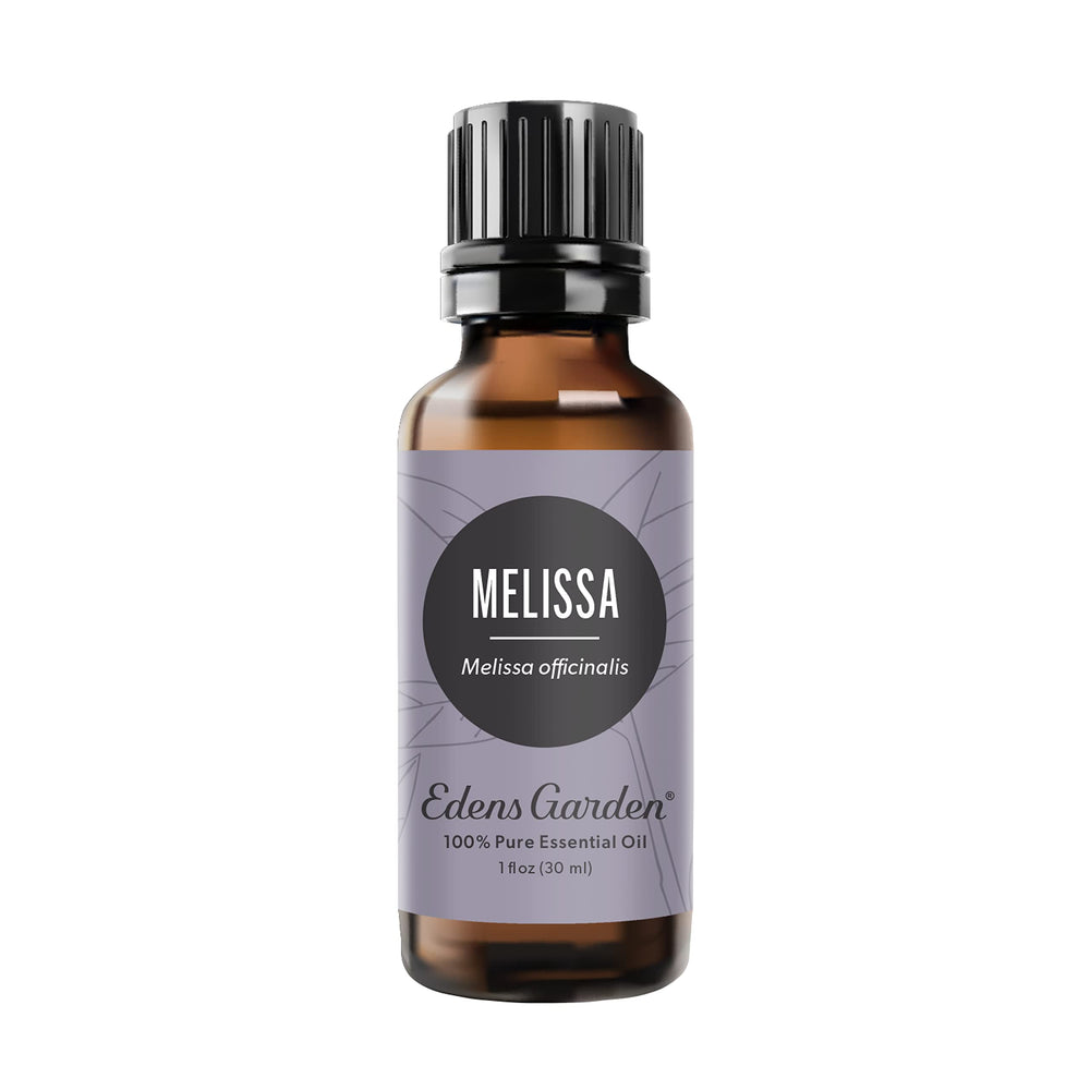Edens Garden Melissa essential oil bottle for diffuser use with calming lemon aroma.