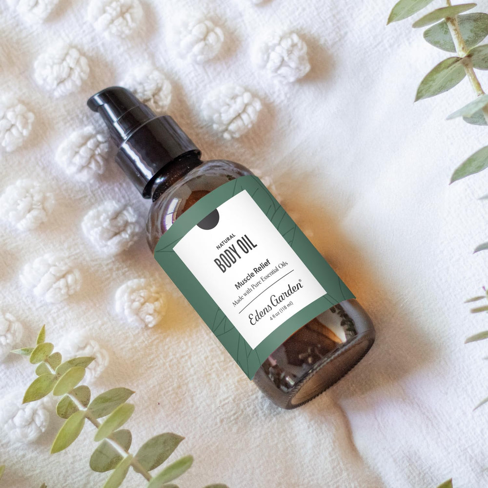 Edens Garden Muscle Relief bottle front shows vegan, cruelty-free formula
