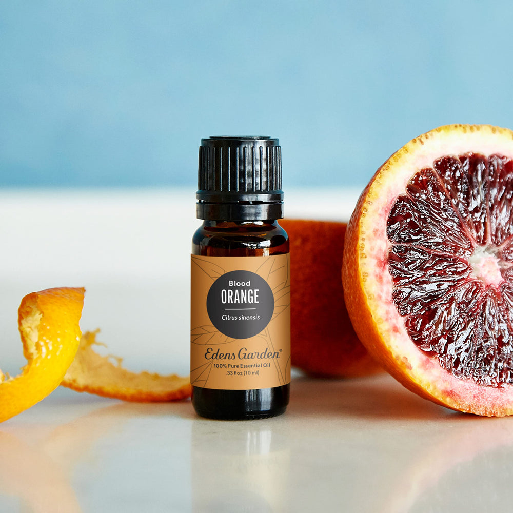 Edens Garden Orange-Blood essential oil bottle drops closeup highlighting rich, fresh citrus aroma.