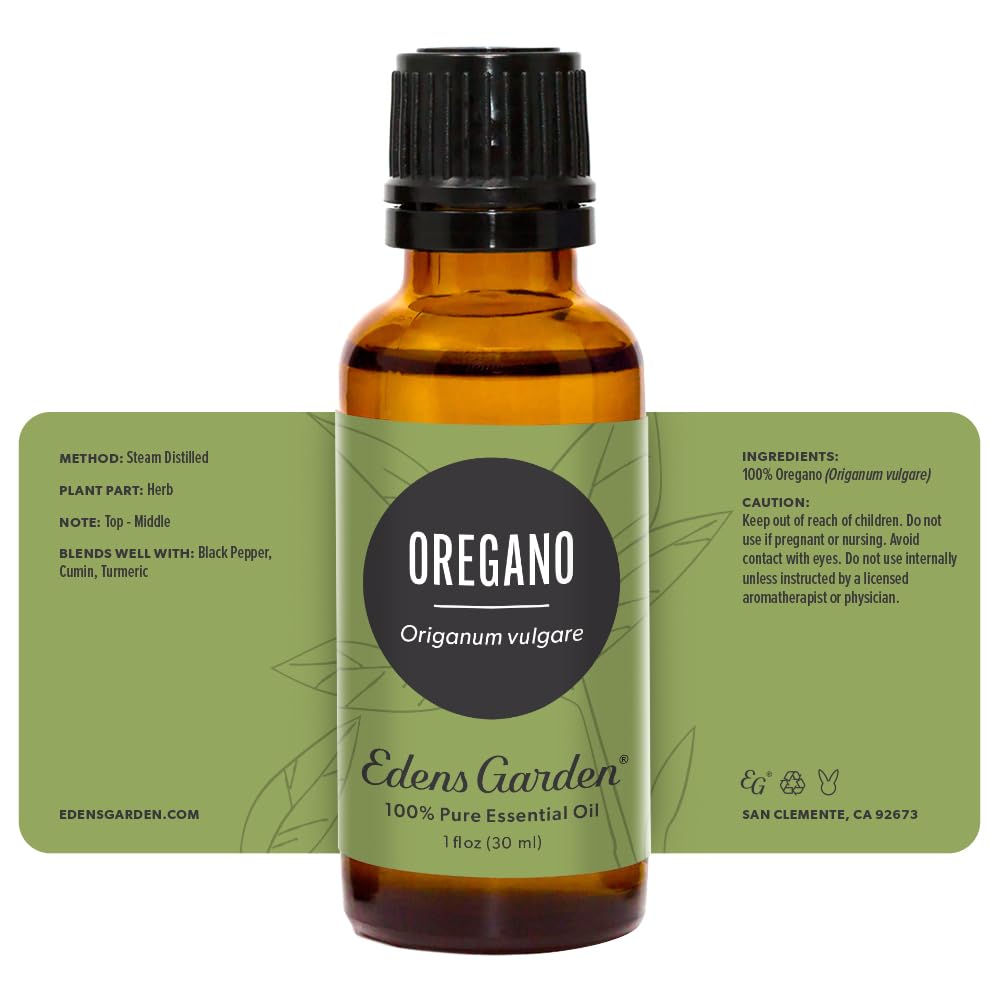 Edens Garden oregano oil bottle with dropper for safe dilution.