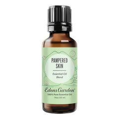 Edens Garden Pampered Skin bottle closeup for calming skincare routines.