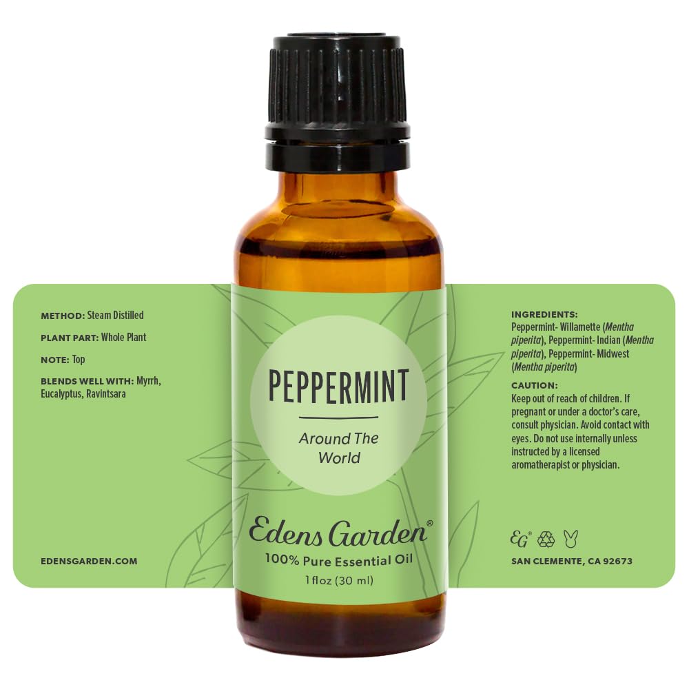 Edens Garden Peppermint Around The World glass bottle close-up for refreshing aroma.