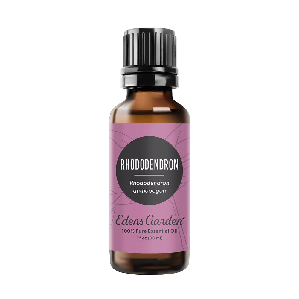 Edens Garden Rhododendron oil bottle closeup for a tranquil mood.