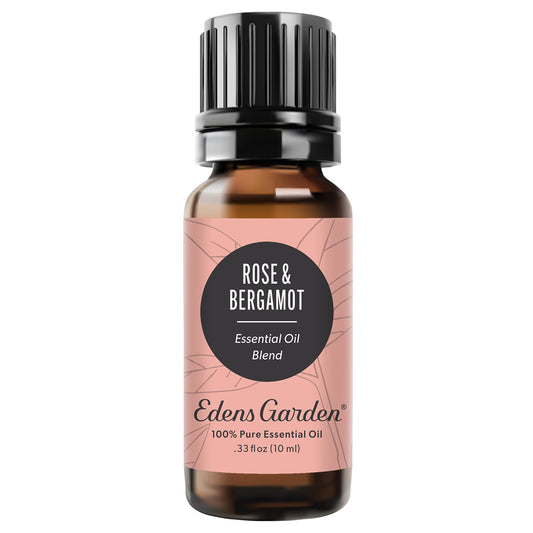 Edens Garden Rose Bergamot oil bottle for diffuse aromatherapy and mood uplifting moments.