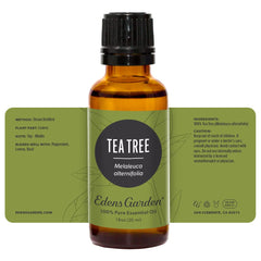 Edens Garden Tea Tree essential oil bottle in cabinet.