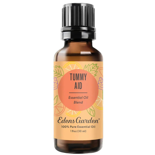 Edens Garden Tummy Aid bottle front shows label emphasizing purity for gentle aromatherapy.