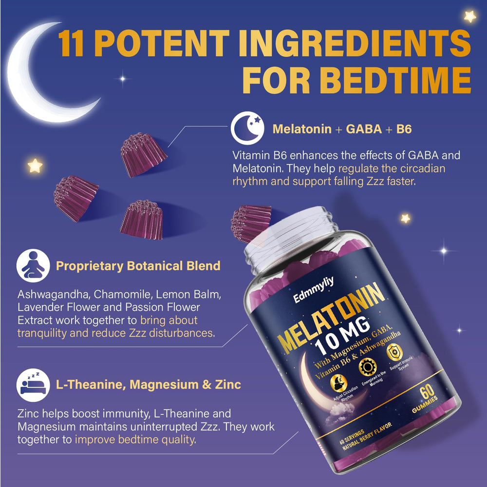 Edmmyliy melatonin ingredients scatter highlights natural blend.