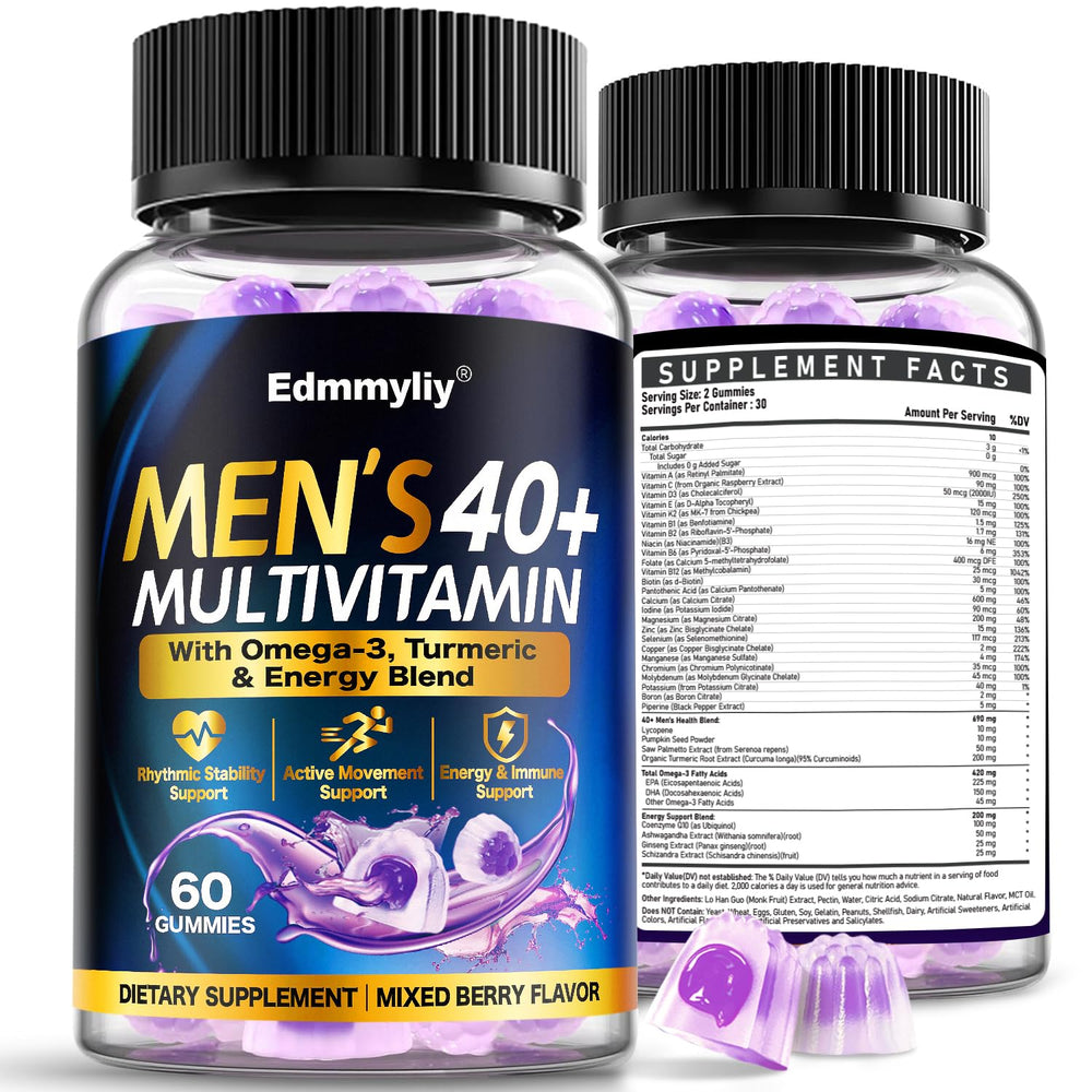Edmmyliy bottle of multivitamin gummies for men 40+ supports daily energy.