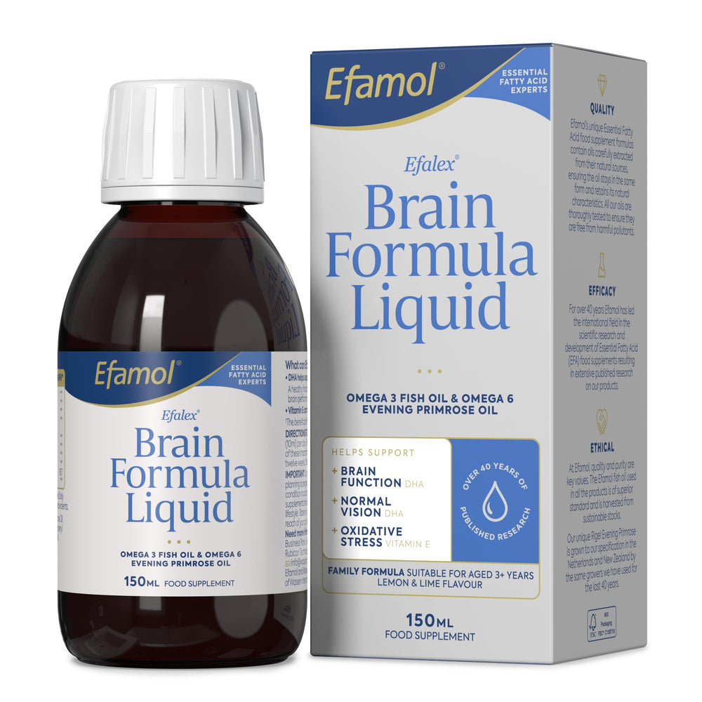 Efamol Efalex Brain Formula liquid bottle with lemon-lime flavour for daily support