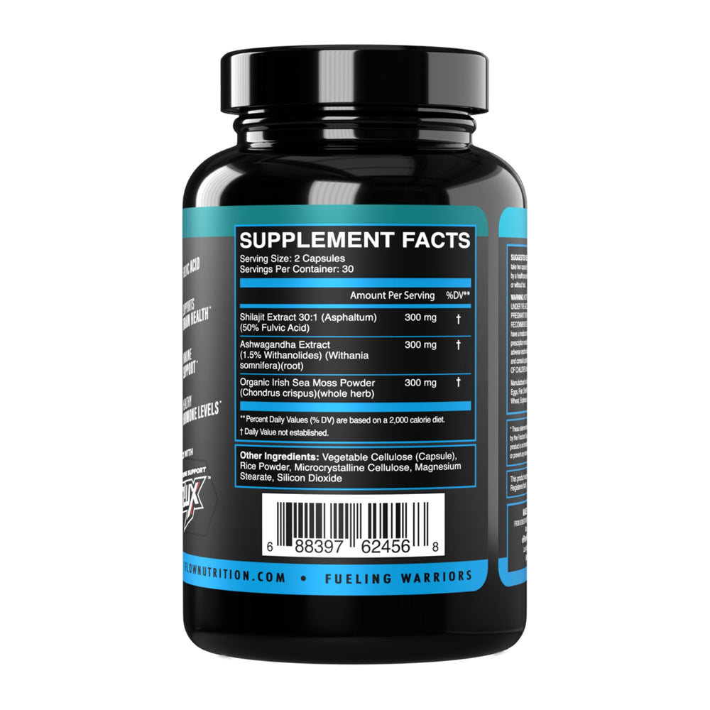 eFlow Nutrition Sea Moss capsules close-up highlighting mineral content.