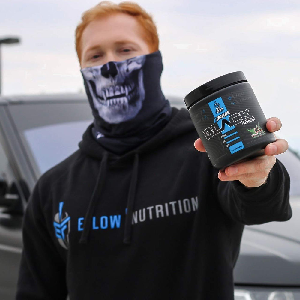 eflow Nutrition Enrage Black label detail noting caffeine levels for quick reference.